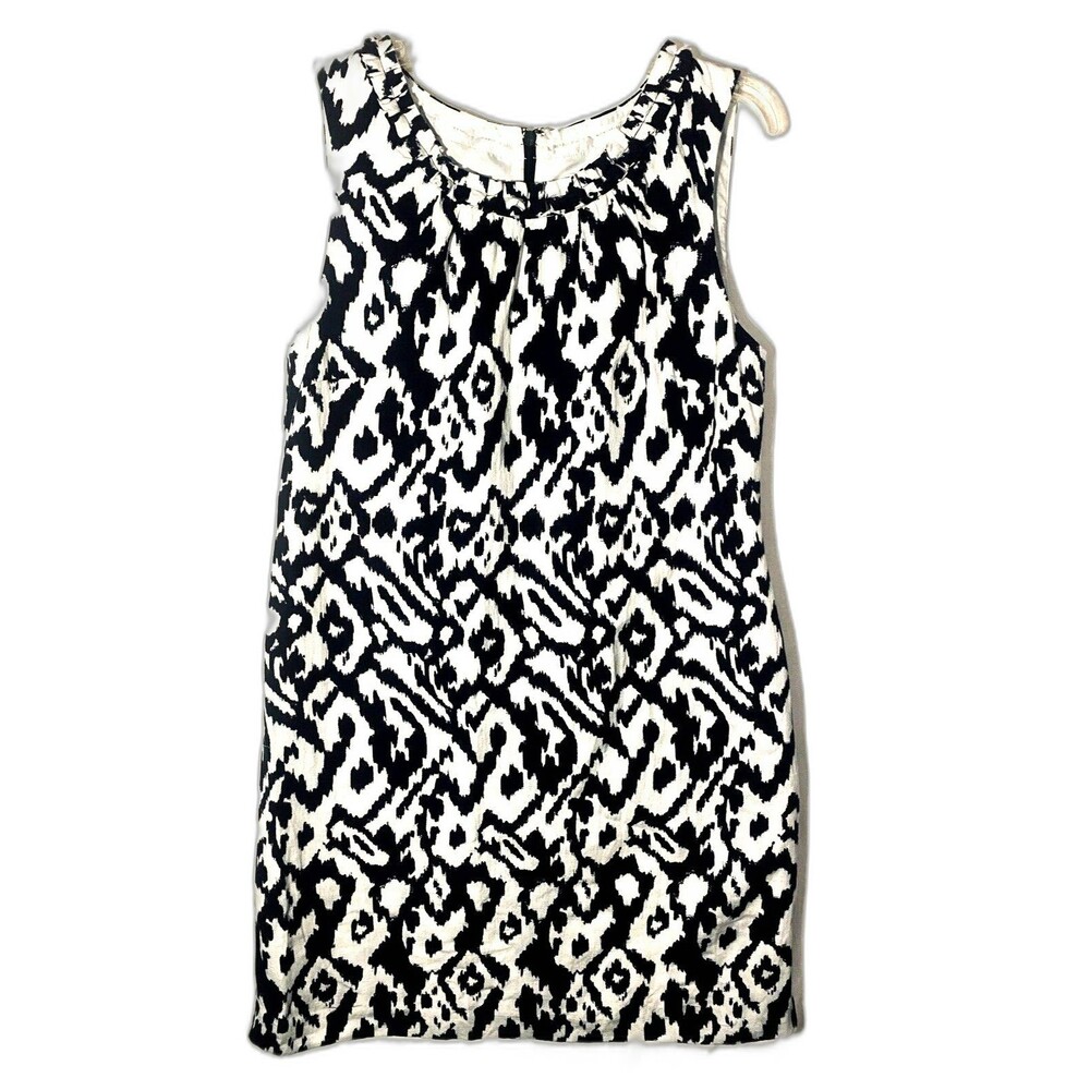Ann Taylor LOFT Dress Womens 8 Black White IKAT Linen Blend Sheath Sleeveless